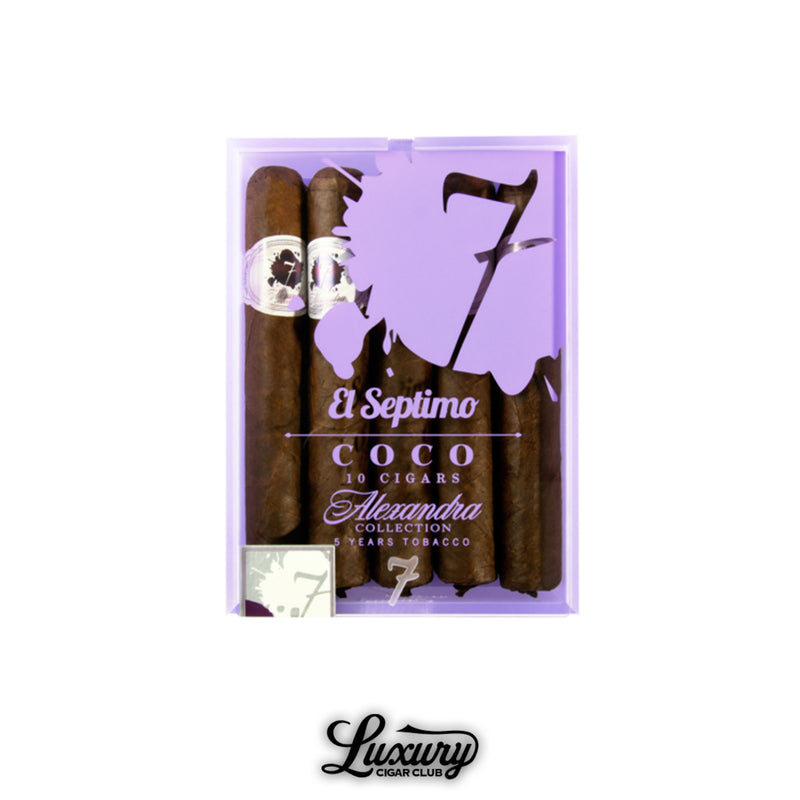 Elegant purple box of El Septimo Alexandra Collection Coco cigars with 5-year aged tobacco, available at Luxury Cigar Club.