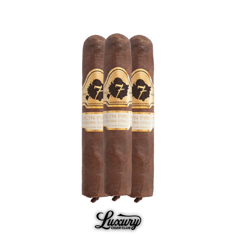 Set of three El Septimo Alexandra Collection Marilyn Piramides cigars with refined golden bands, featured at Luxury Cigar Club.