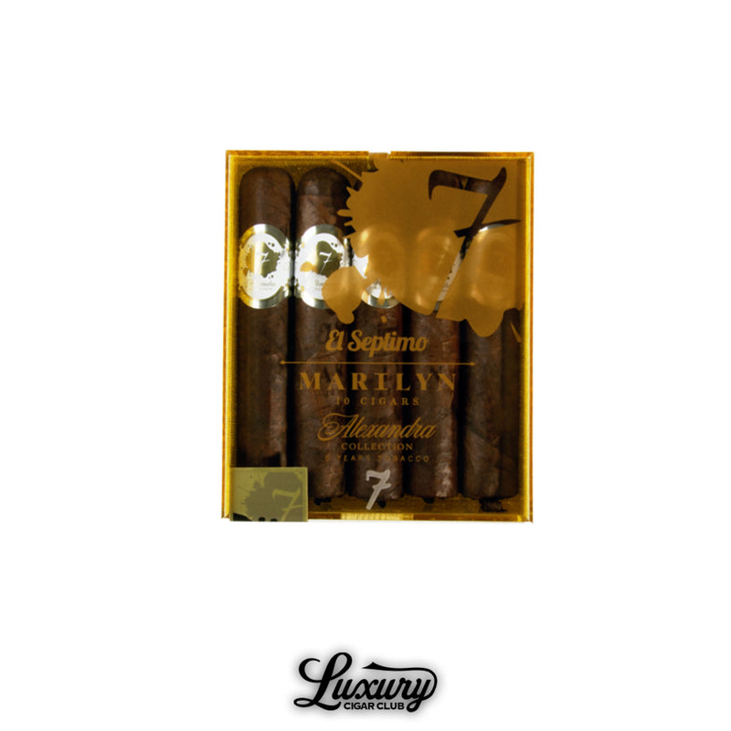Luxurious golden box of El Septimo Alexandra Collection Marilyn cigars crafted with aged premium tobacco, sold at Luxury Cigar Club.