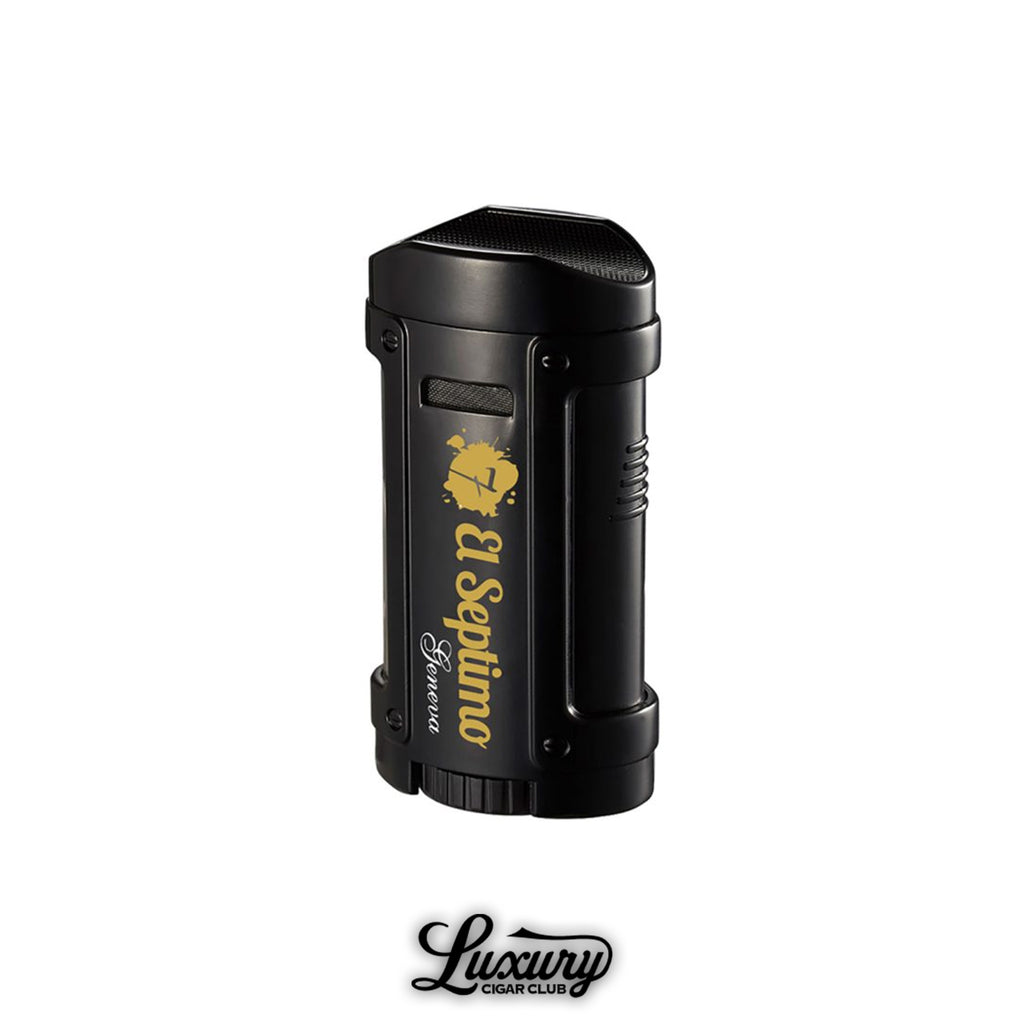 Close-up view of the El Septimo Classic Quadruple Torch Lighter in black, showcasing its premium build and bold golden El Septimo branding.