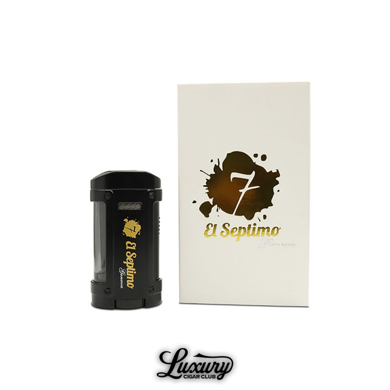 Discover the El Septimo Classic Quadruple Torch Lighter in sleek black, designed with four powerful jets for a flawless cigar experience.