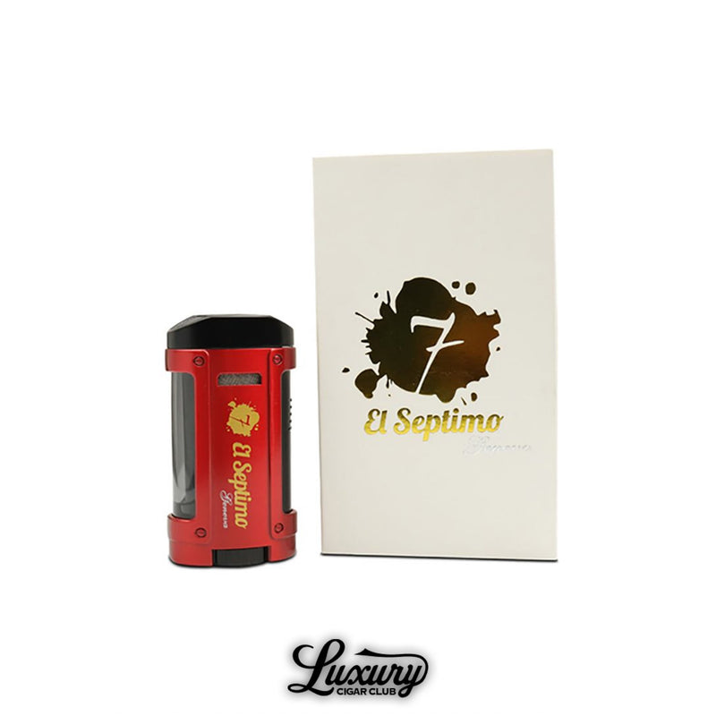 Shop the El Septimo Classic Quadruple Torch Lighter in striking ruby red, delivering four precision flames for effortless cigar lighting.