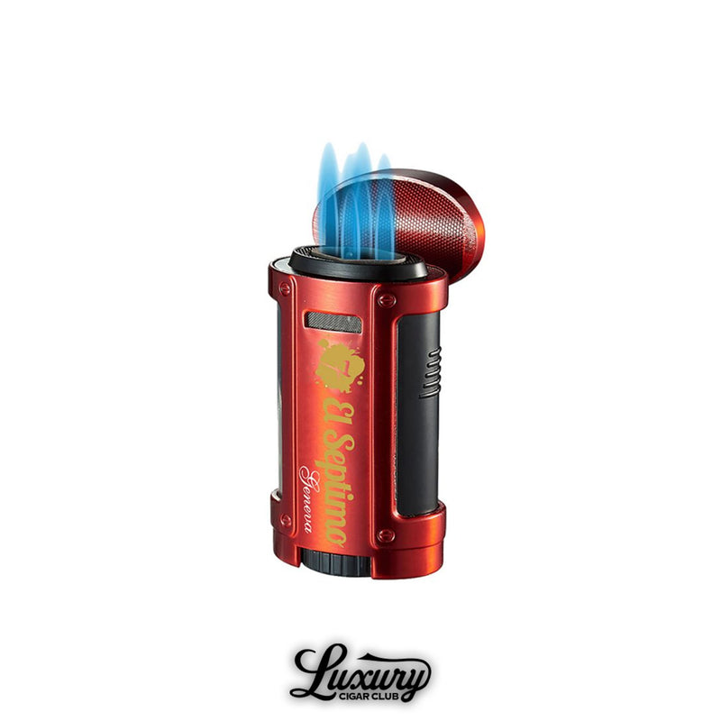 Detailed close-up of the El Septimo Classic Quadruple Torch Lighter in ruby red, highlighting its durable design and vibrant finish.