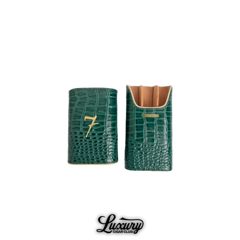 El Septimo crocodile three cigar travel case in green with gold logo available at Luxury Cigar Club