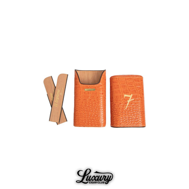 El Septimo crocodile three cigar travel case in orange with gold logo available at Luxury Cigar Club.