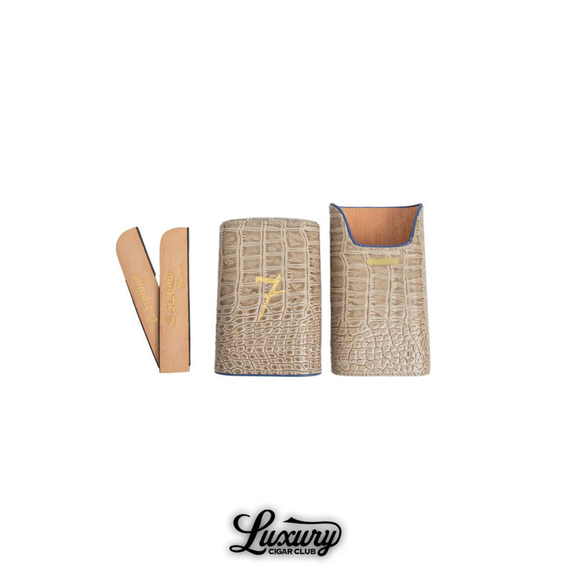 El Septimo crocodile three cigar travel case in tan with gold logo available at Luxury Cigar Club.