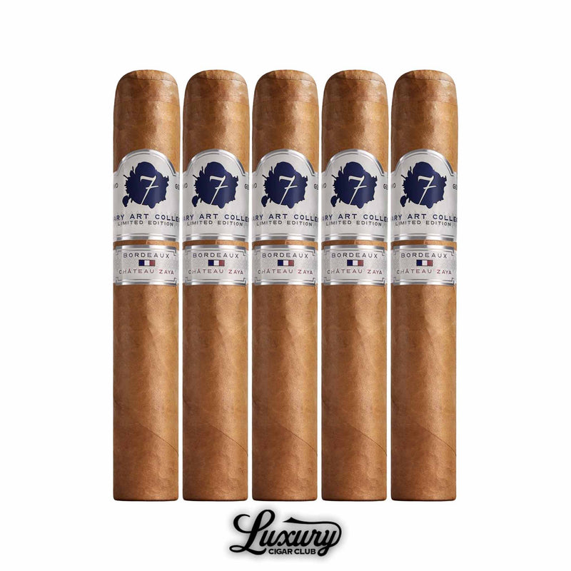 Five pack of El Septimo Culinary Arts Collection Bordeaux cigars displayed upright with golden brown wrappers and silver and navy blue bands marked Bordeaux Chateau Zaya from Luxury Cigar Club.