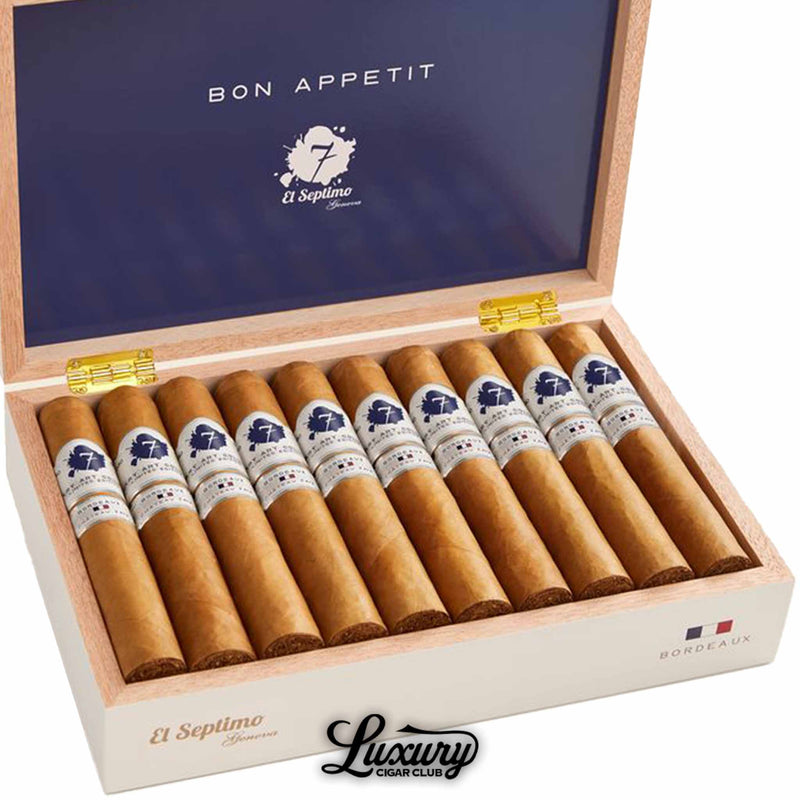 Close up of El Septimo Culinary Arts Collection Bordeaux cigars inside an open box with navy blue lid and silver bands accented with dark blue logos from Luxury Cigar Club.
