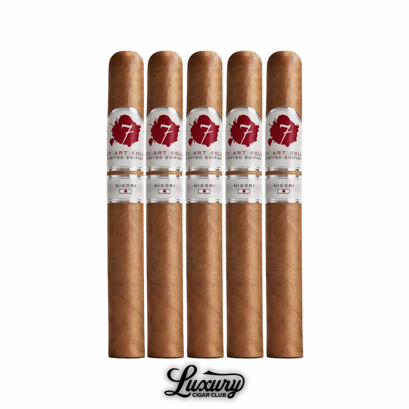 Row of five El Septimo Culinary Arts Collection Nigori cigars with red leaf logo on white bands and secondary Nigori label, Luxury Cigar Club branding below.