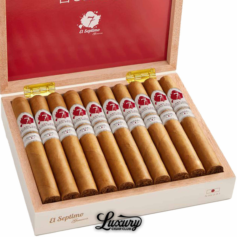 Open wooden box with deep red lid showing “El Septimo” and “Nigori” branding, filled with twelve El Septimo Culinary Arts Collection Nigori cigars in golden-brown wrappers, Luxury Cigar Club branding.