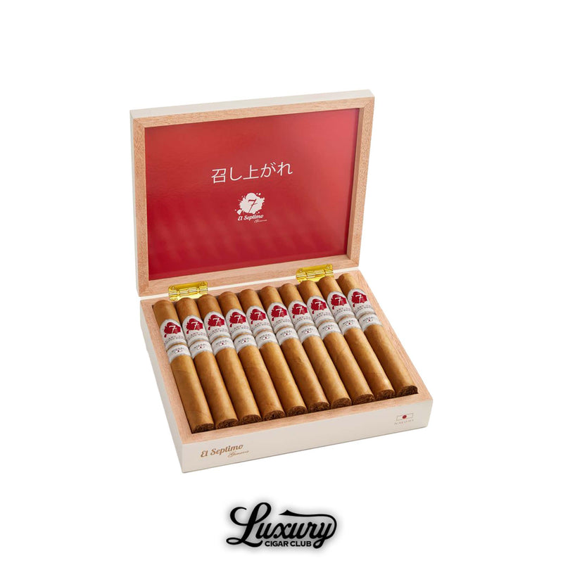 Angled view of open Nigori box with red lid interior, filled with twelve golden-brown cigars featuring white and red bands, Luxury Cigar Club branding.