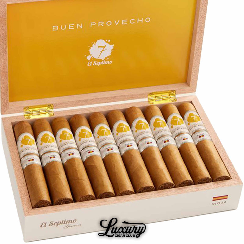 Open wooden cigar box with golden yellow interior lid displaying “Buen Provecho” and twelve El Septimo Culinary Arts Collection Rioja cigars in light brown wrappers, Luxury Cigar Club branding visible.