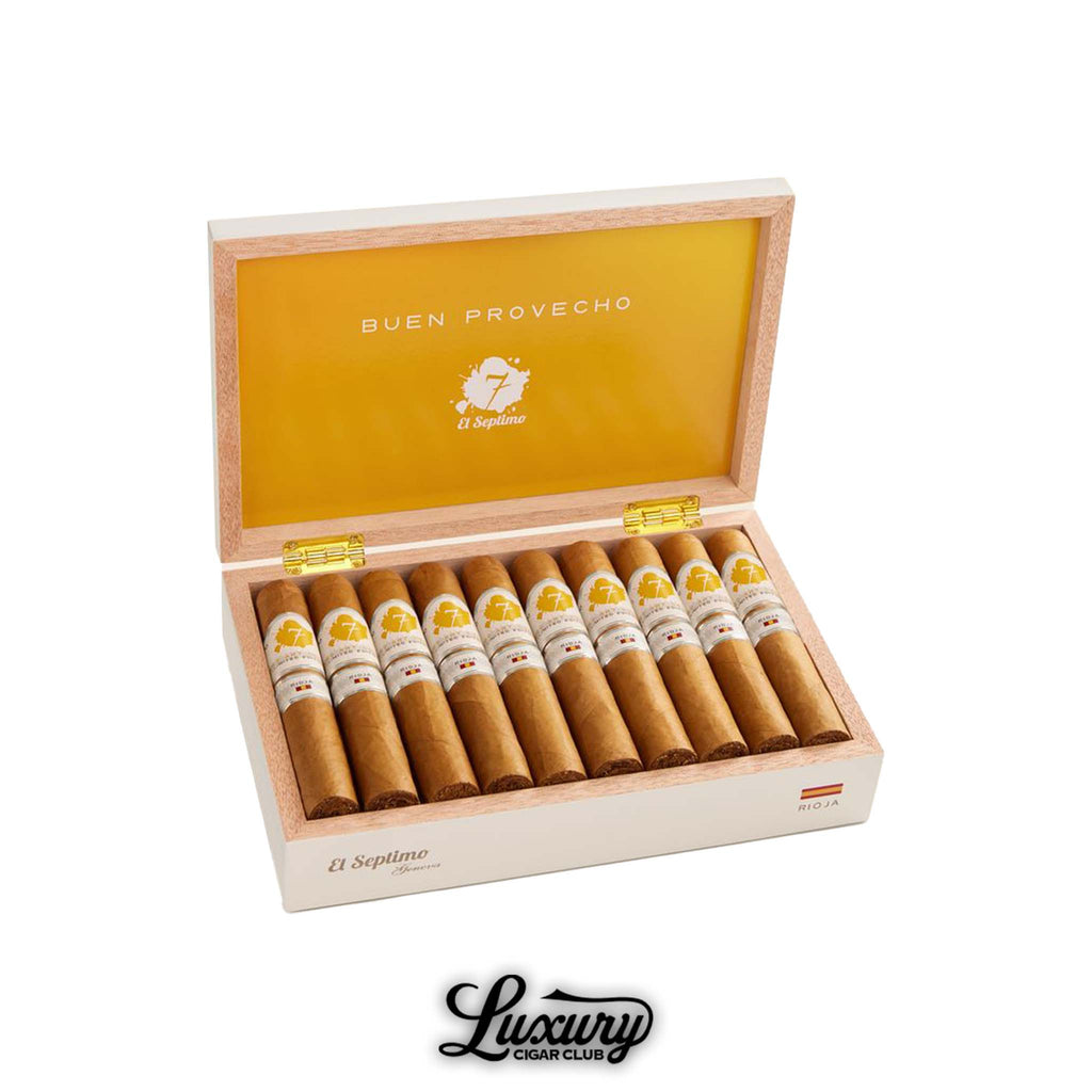 Angled view of open Rioja box with golden yellow lid, filled with twelve light brown cigars featuring white and gold bands, Luxury Cigar Club branding.