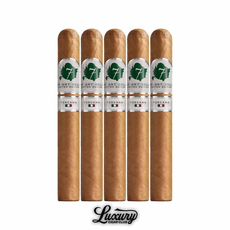 Five pack of El Septimo Culinary Arts Collection Toscana cigars standing upright with smooth golden Connecticut wrappers and silver and green cigar bands from Luxury Cigar Club.