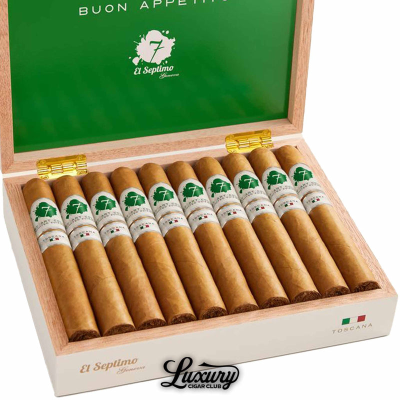 Close up of El Septimo Culinary Arts Collection Toscana cigars displayed in an open wooden box with green interior lid and matching cigar bands featuring a green logo from Luxury Cigar Club.
