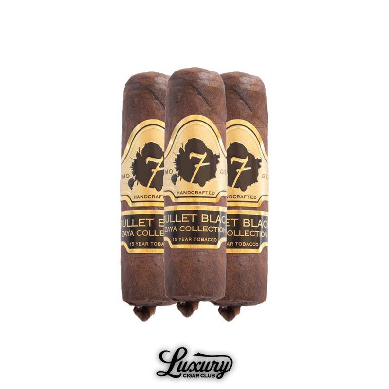 El Septimo Diamond Bullet Black 3 pack cigars from Luxury Cigar Club close up of bold short robusto cigars with gold and black labels highlighting 15 year aged tobacco