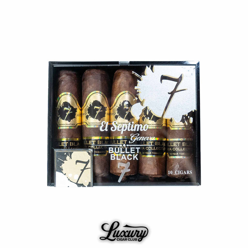 El Septimo Diamond Bullet Black cigars box of 10 from Luxury Cigar Club handcrafted Zaya Collection cigars presented in compact elegant packaging with gold and black bands