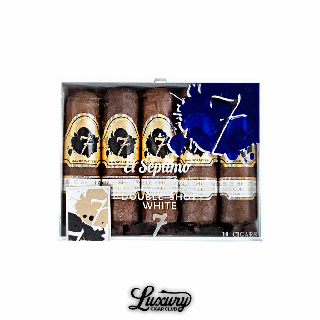 Luxury Cigar Club presentation of El Septimo Diamond Double Shot White Diamond box of 10 premium handcrafted cigars from the Zaya Collection with 15-year aged tobacco.