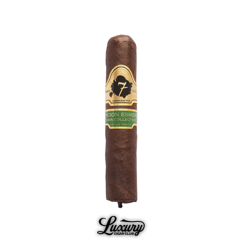Close-up of a handcrafted cigar with rich dark wrapper, green and gold band, from the Zaya Collection aged 15 years.