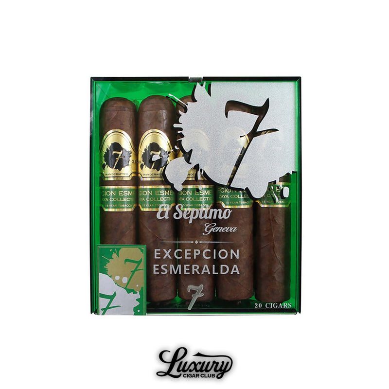 Luxury green and gold box featuring premium handmade cigars from the Zaya Collection with 15-year aged tobacco.