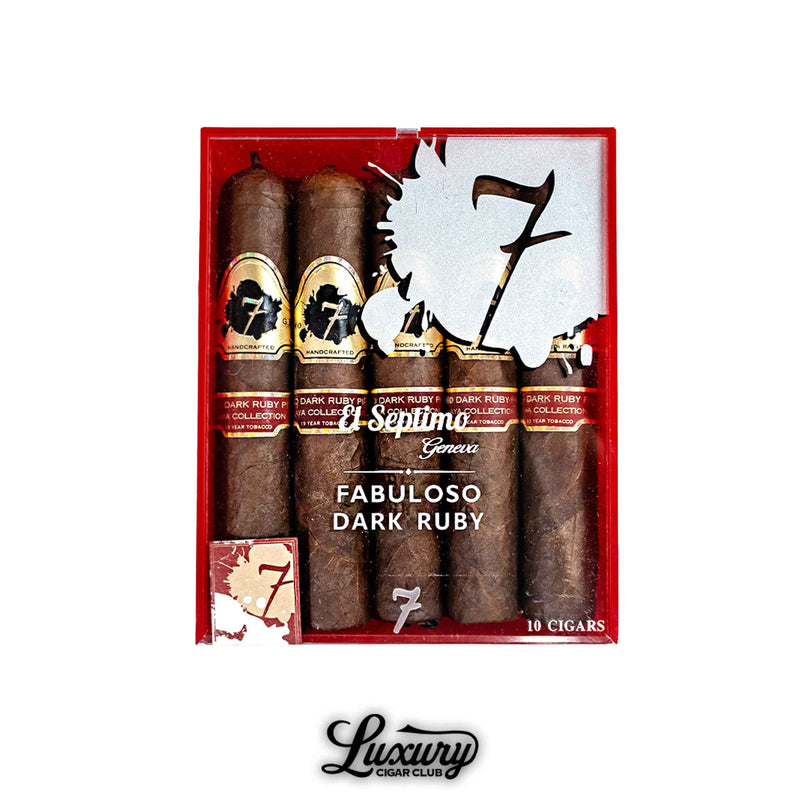 Luxury cigar box of 10 El Septimo Fabuloso Dark Ruby cigars from the Zaya Collection, featuring rich Maduro wrappers and premium aged tobacco.