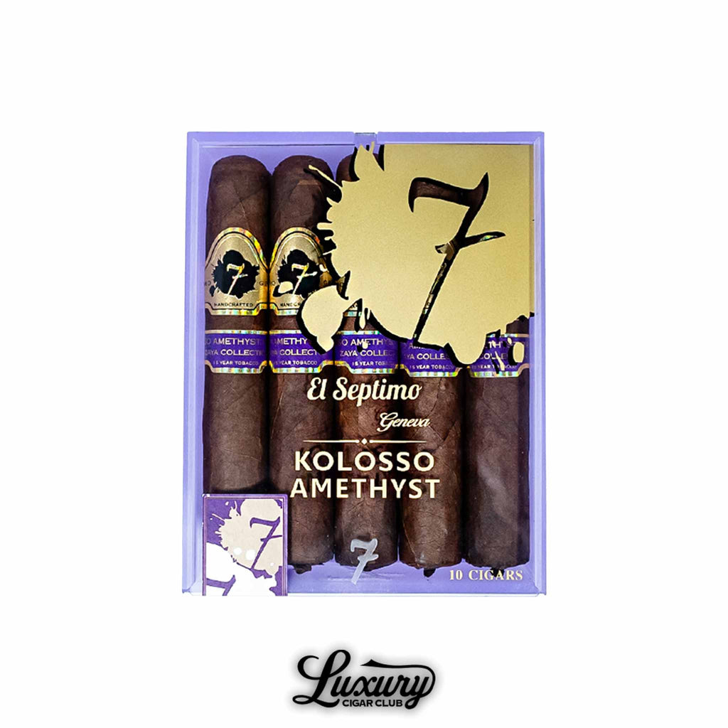 Luxury cigar box featuring 10 El Septimo Diamond Kolosso Amethyst cigars from the Zaya Collection, known for aged tobacco and premium craftsmanship.