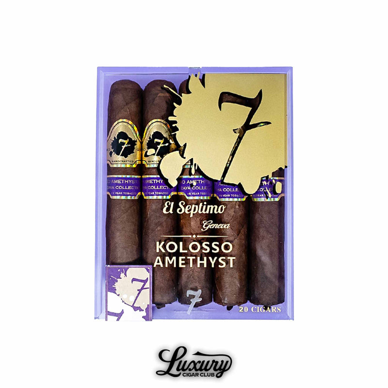 Elegant box of 20 El Septimo Diamond Kolosso Amethyst cigars, showcasing fine construction and bold flavors for discerning cigar enthusiasts.