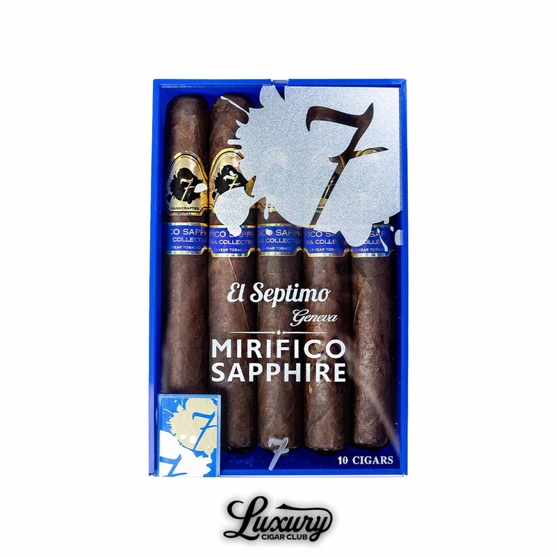 Luxury cigar box of 10 El Septimo Mirifico Sapphire cigars from the Diamond Collection, premium handcrafted blend. 