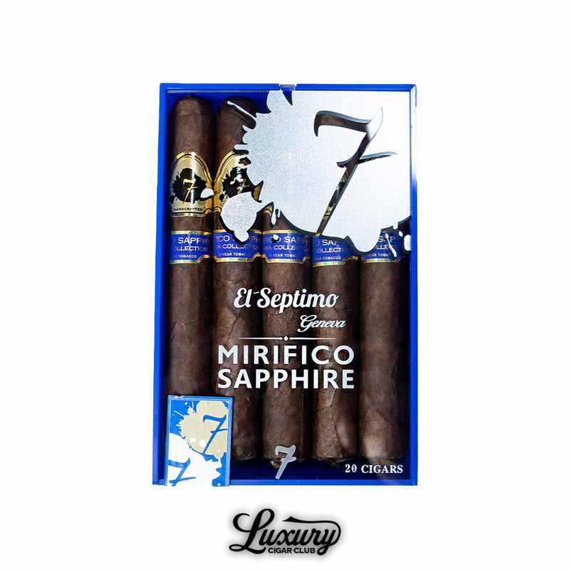 Luxury cigar box of 20 El Septimo Mirifico Sapphire cigars from the Diamond Collection, premium aged tobacco.