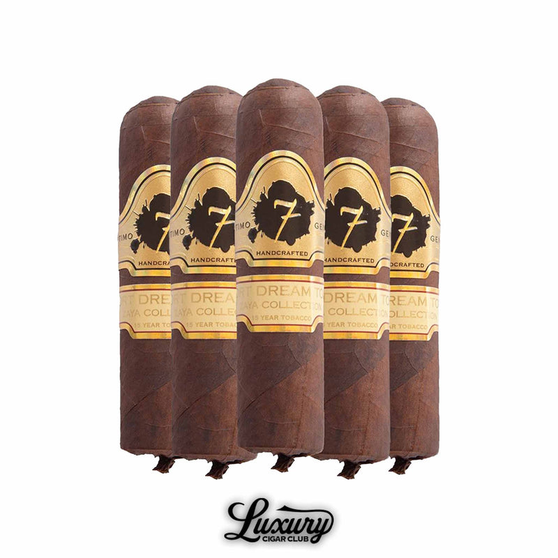 Five El Septimo Diamond Short Dream Topaz cigars from the Diamond Collection, featuring rich dark wrappers and red and gold bands, displayed in a premium bundle from Luxury Cigar Club.