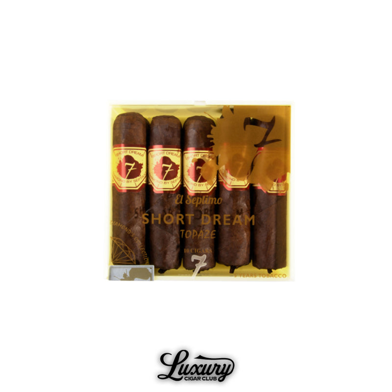 Open yellow box of El Septimo Diamond Short Dream Topaz cigars from the Diamond Collection, showing 10 handcrafted premium cigars with red and gold bands, available at Luxury Cigar Club.