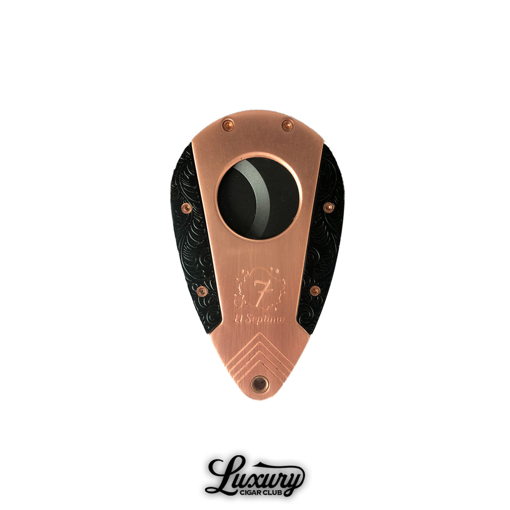 El Septimo double bladed guillotine cutter in black and rose gold design available at Luxury Cigar Club.