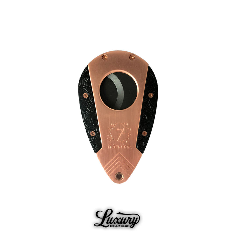 El Septimo double bladed guillotine cutter in black and rose gold design available at Luxury Cigar Club.