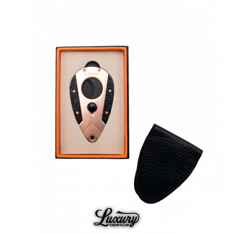 El Septimo black and rose gold guillotine cigar cutter with leather case from Luxury Cigar Club.