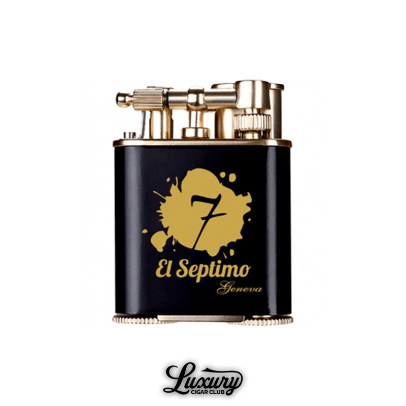 Luxury Cigar Club El Septimo double jet torch lighter in black and gold with a punch cutter.