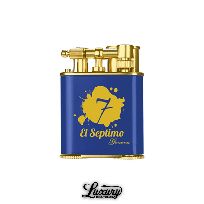 Luxury Cigar Club El Septimo double jet torch lighter in blue and gold with a cigar punch cutter.