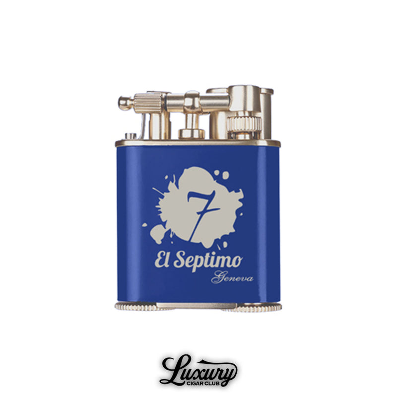 Luxury Cigar Club El Septimo double jet torch lighter in blue and silver with a built in punch.