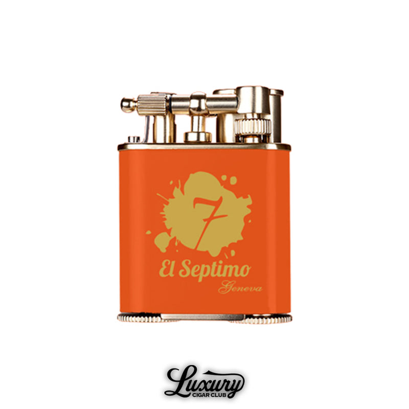 Luxury Cigar Club El Septimo double jet torch lighter in orange and gold with a cigar punch.