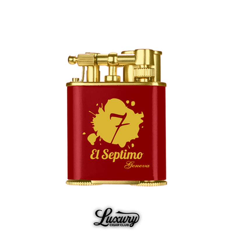 Luxury Cigar Club El Septimo double jet torch lighter in red and gold with an integrated punch cutter.