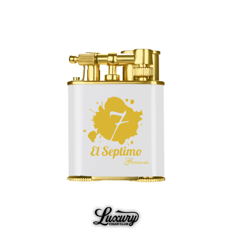 Luxury Cigar Club El Septimo double jet torch lighter in white and gold with a built in punch cutter.