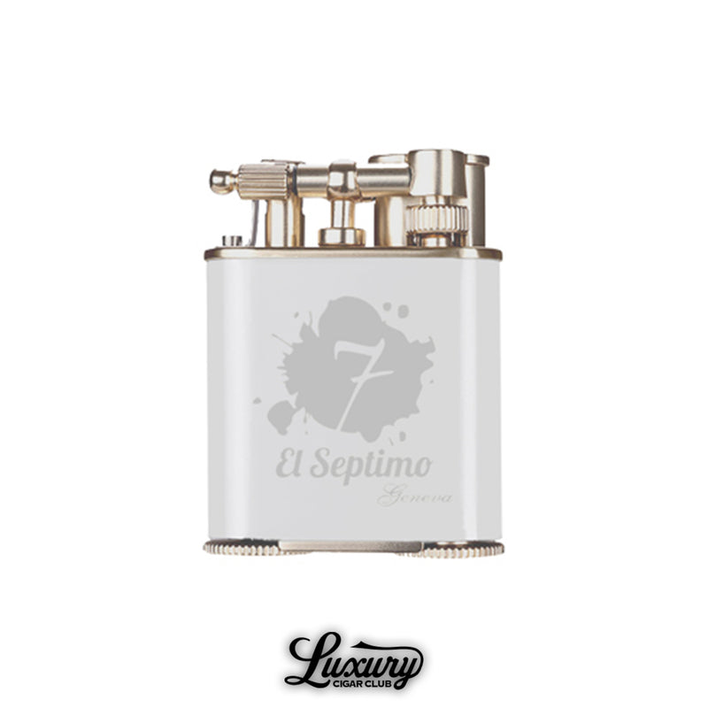 Luxury Cigar Club El Septimo double jet torch lighter in white and silver featuring a cigar punch.
