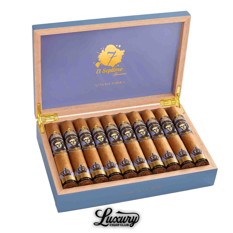 Luxury Cigar Club presentation of El Septimo Emperor Collection Augustus Connecticut cigars in a regal blue box with golden accents and smooth Connecticut shade wrappers featuring elegant portrait bands