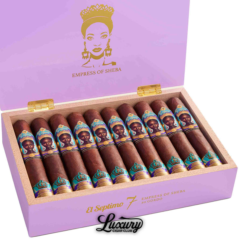 Close-up of El Septimo Emperor Collection Empress of Sheba Maduro Gordo box, showing detailed cigar bands with regal portrait art, purple and gold accents, sold at Luxury Cigar Club.