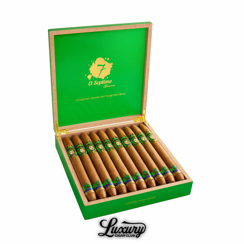 El Septimo Emperor Collection Napoleon Connecticut cigars displayed in a bright green box from Luxury Cigar Club with bold portrait bands on silky Connecticut shade wrappers