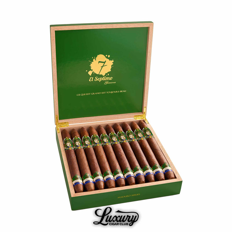 El Septimo Emperor Collection Napoleon Maduro cigars offered by Luxury Cigar Club presented in a rich green box with dark oily maduro wrappers and ornate golden portrait bands