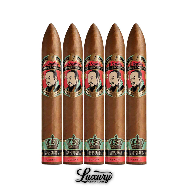 El Septimo Emperor Collection Yao Connecticut 5 pack of hand rolled cigars with golden Connecticut wrappers accented by detailed red and teal bands available at Luxury Cigar Club.