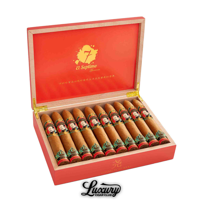 Luxury Cigar Club exclusive El Septimo Emperor Collection Yao Connecticut cigars in a striking red box with golden accents featuring smooth Connecticut wrappers and detailed portrait bands