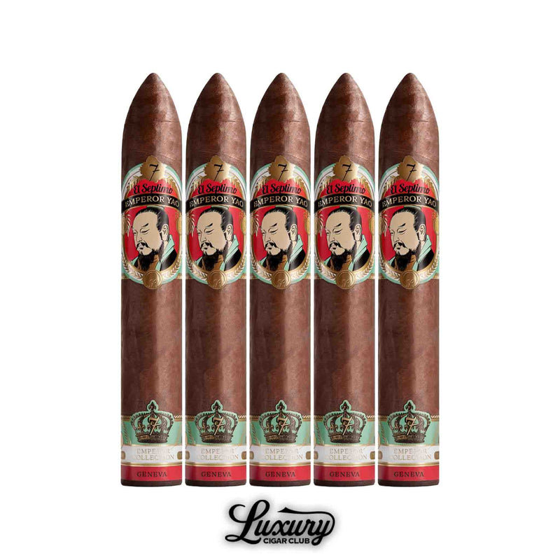 El Septimo Emperor Collection Yao Maduro 5 pack of full bodied cigars with bold maduro wrappers and striking red and teal cigar bands from Luxury Cigar Club.