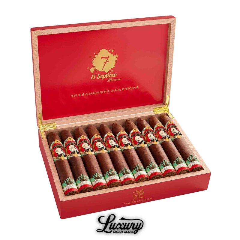 Box of El Septimo Emperor Collection Yao Maduro cigars from Luxury Cigar Club in a bold red presentation with dark maduro wrappers and vibrant portrait bands for a refined luxury smoking experience