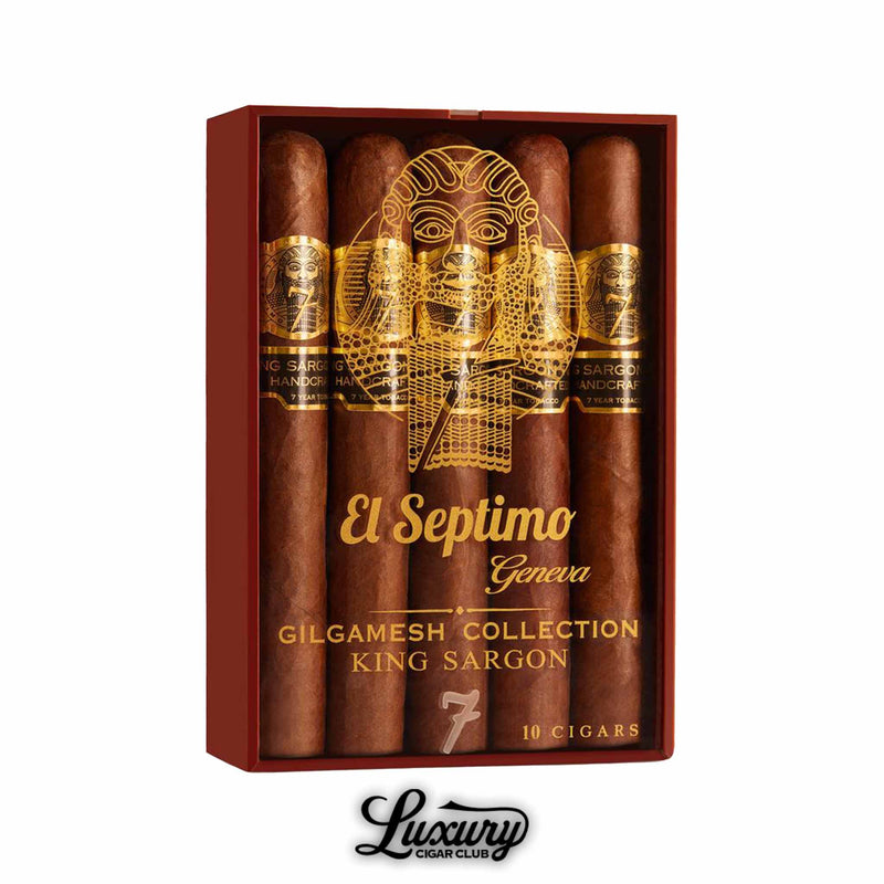 El Septimo Gilgamesh Collection King Sargon 10 count box with ornate design and premium long filler cigars at Luxury Cigar Club